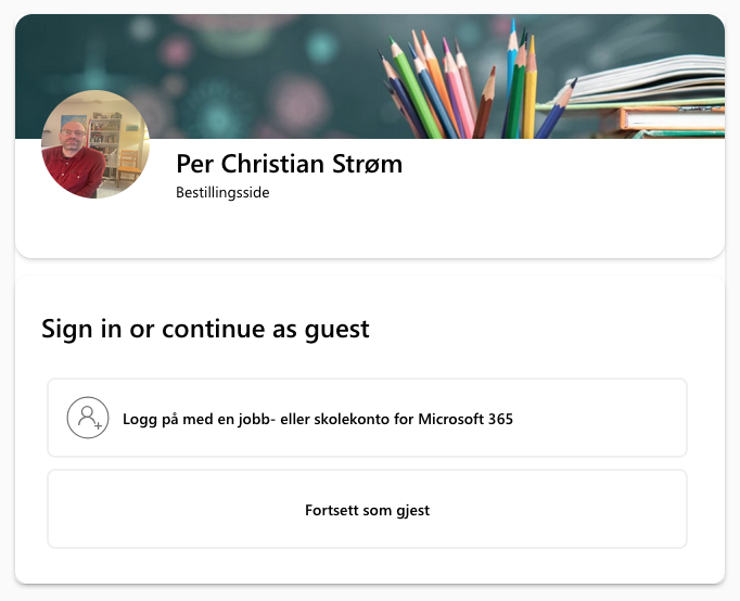 Microsoft Bookings innloggingsside med 'Fortsett som gjest'-valg nederst